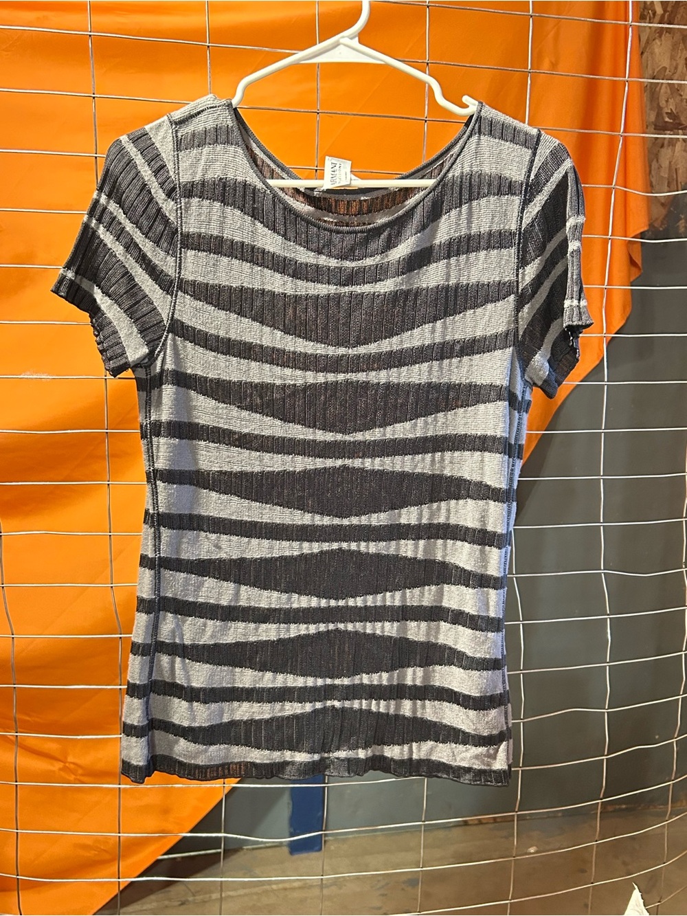 Armani Collezioni Short Sleeve Crewneck Top in Gray & Black Stripe